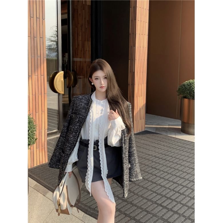Long-Sleeve Tie-Neck Plain Lace Panel Blouse / High Rise Mini Pencil Skirt / Crew Neck Tweed Jacket / Belt