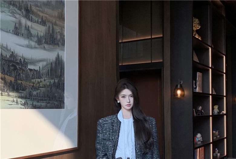 Long-Sleeve Tie-Neck Plain Lace Panel Blouse / High Rise Mini Pencil Skirt / Crew Neck Tweed Jacket / Belt