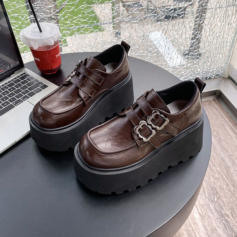 Leather Faux Ankle Shoes Buckled