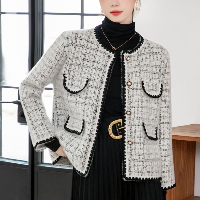 Round Neck Tweed Cropped Button Jacket