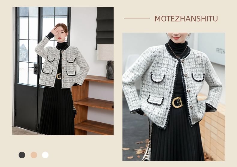 Round Neck Tweed Cropped Button Jacket