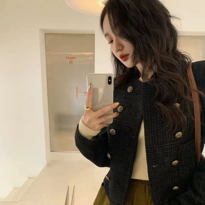 Crew Neck Double-Breasted Tweed Crop Jacket