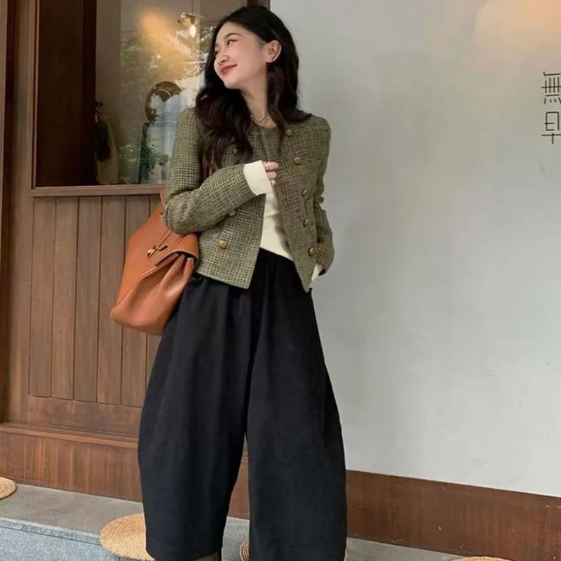 Crew Neck Double-Breasted Tweed Crop Jacket