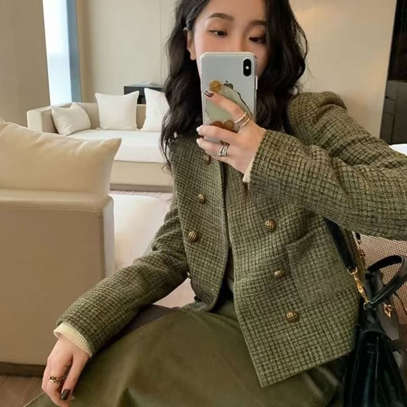 Crew Neck Double-Breasted Tweed Crop Jacket