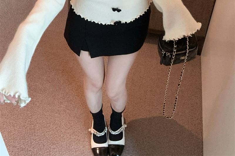 Scoop Neck Lace-Trim Bow Sweater with Lettuce Hem
