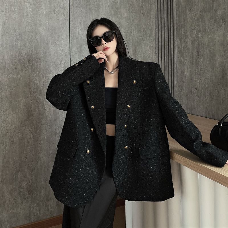 Double Breasted Lapel Collar Tweed Blazer
