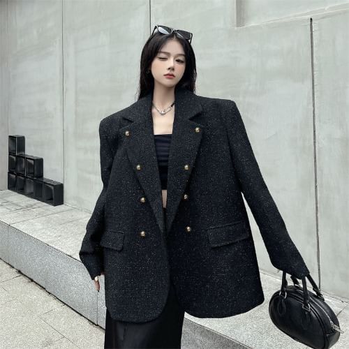 Double Breasted Lapel Collar Tweed Blazer