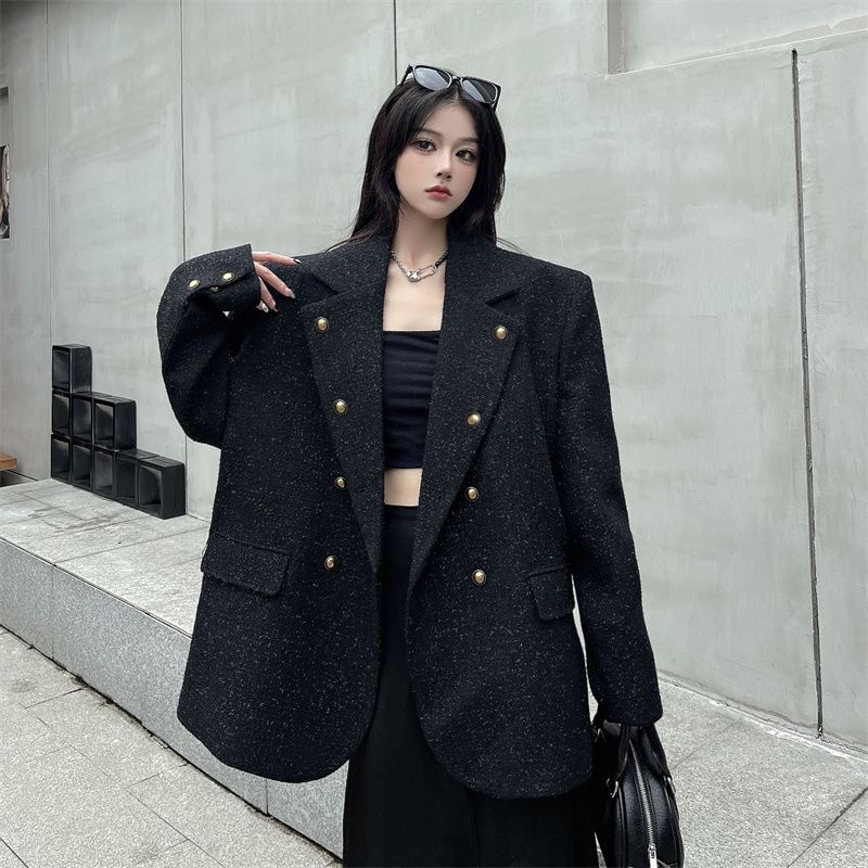 Double Breasted Lapel Collar Tweed Blazer