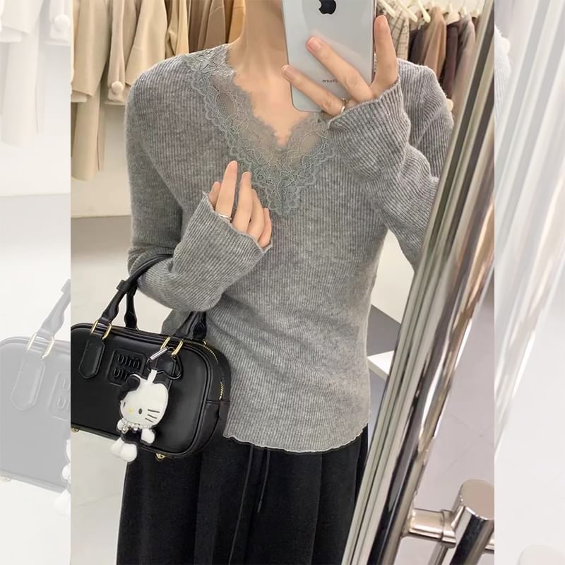 Ribbed V-Neck Lace-Trim Long-Sleeve Knit