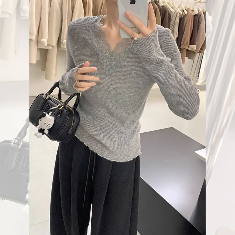 Ribbed V-Neck Lace-Trim Long-Sleeve Knit