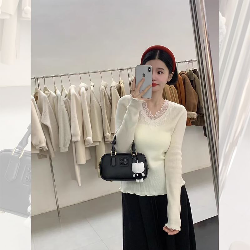 Ribbed V-Neck Lace-Trim Long-Sleeve Knit