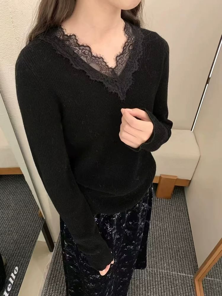 Ribbed V-Neck Lace-Trim Long-Sleeve Knit