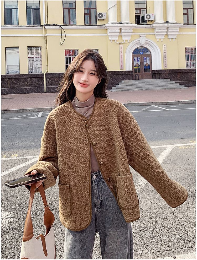 Crewneck Button-Up Tweed Jacket