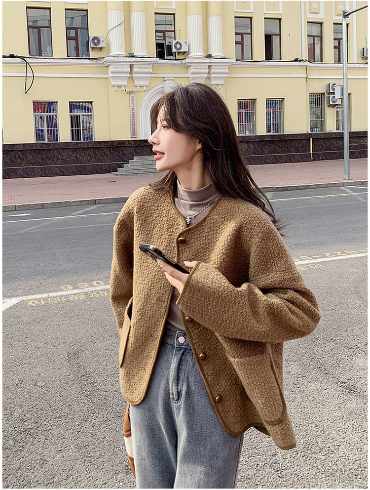 Crewneck Button-Up Tweed Jacket