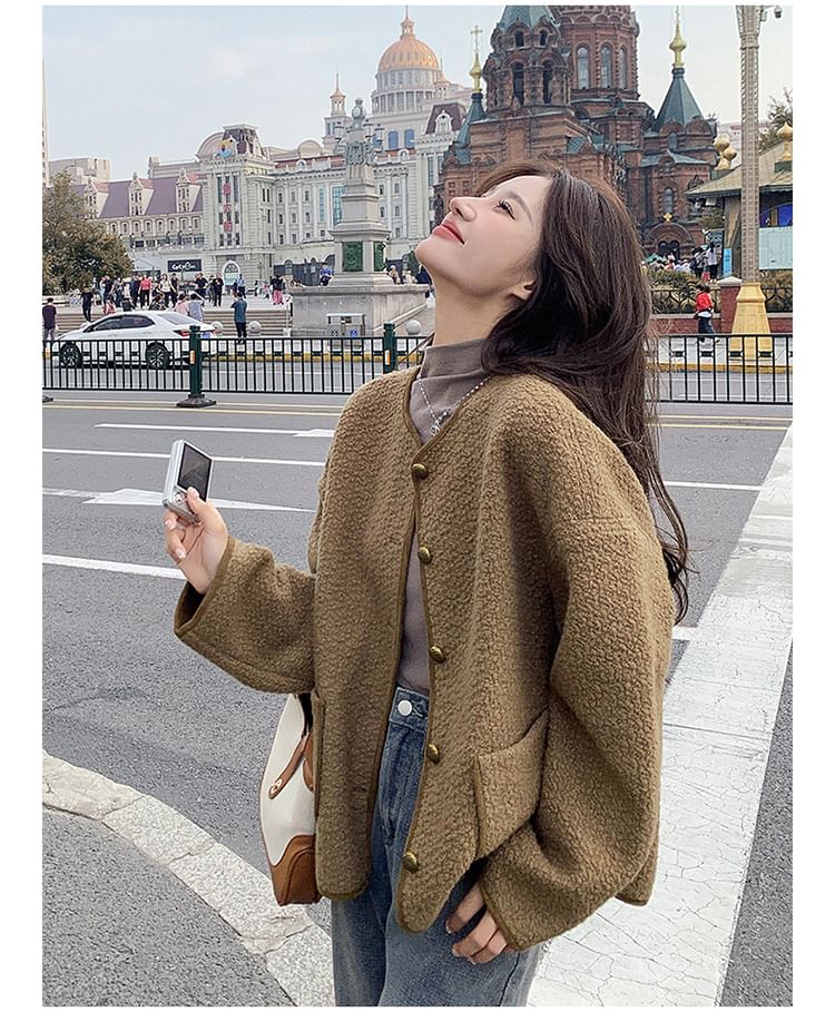 Crewneck Button-Up Tweed Jacket