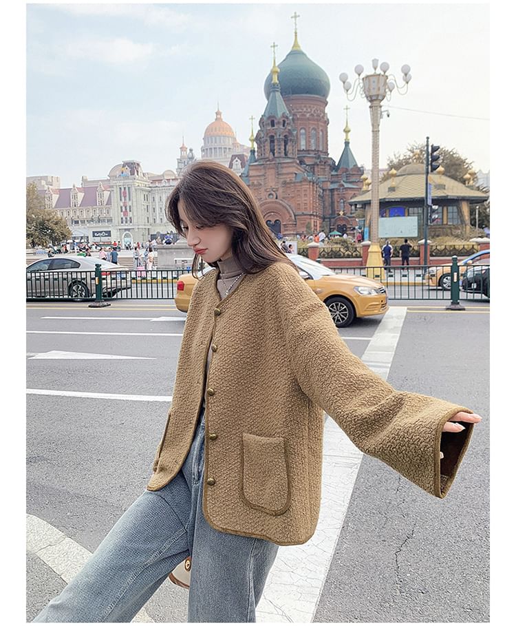 Crewneck Button-Up Tweed Jacket