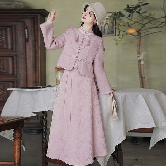 Stand Collar Tassel Tweed Frog Closure Jacket / High Waist Jacquard Midi A-Line Skirt / Set