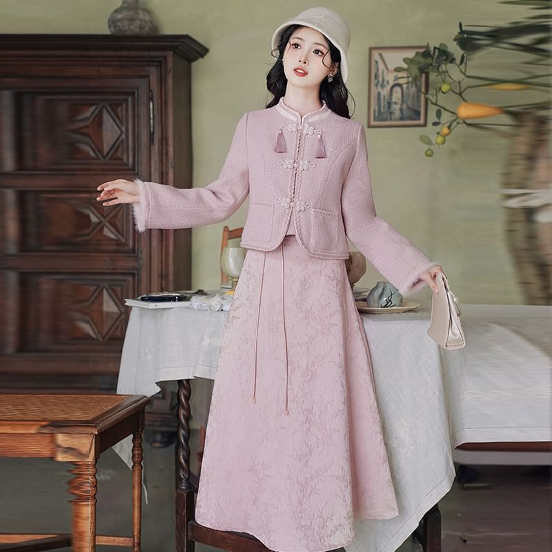 Stand Collar Tassel Tweed Frog Closure Jacket / High Waist Jacquard Midi A-Line Skirt / Set