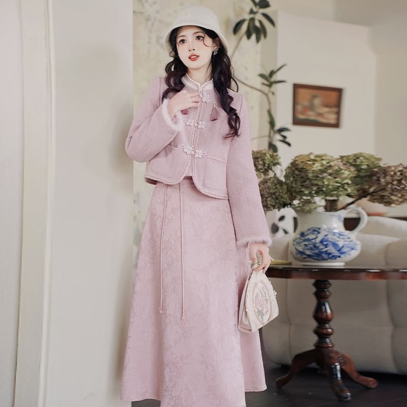 Stand Collar Tassel Tweed Frog Closure Jacket / High Waist Jacquard Midi A-Line Skirt / Set