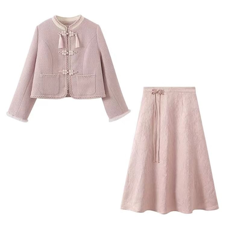 Stand Collar Tassel Tweed Frog Closure Jacket / High Waist Jacquard Midi A-Line Skirt / Set