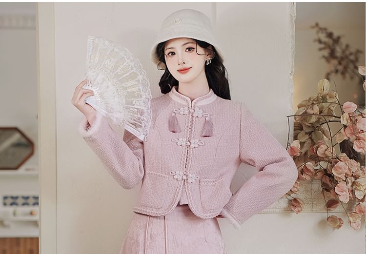 Stand Collar Tassel Tweed Frog Closure Jacket / High Waist Jacquard Midi A-Line Skirt / Set
