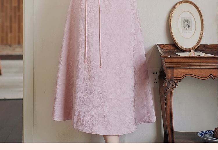 Stand Collar Tassel Tweed Frog Closure Jacket / High Waist Jacquard Midi A-Line Skirt / Set