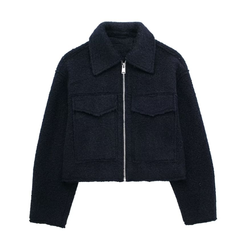 Collared Plain Zip Up Cropped Wool Jacket