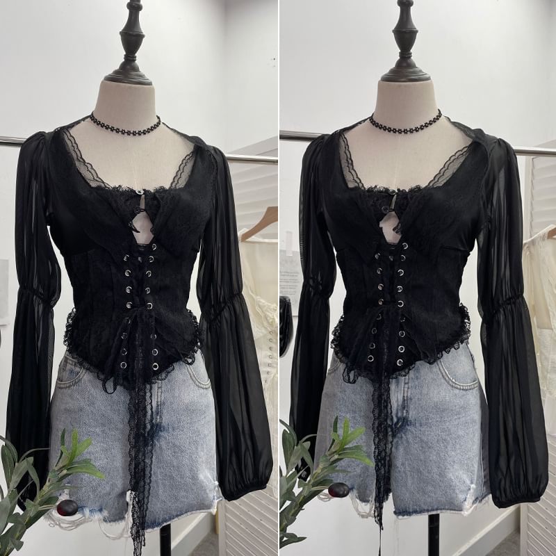 Scoop Neck Cutout Lace-Up Crop Blouse