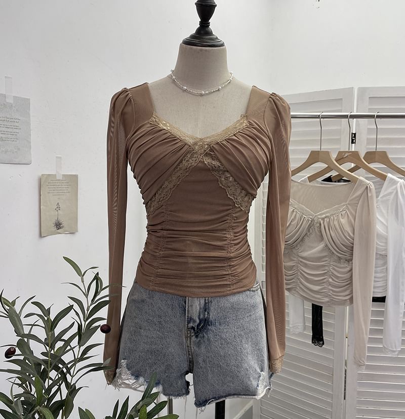 Ruched Mesh V-Neck Lace-Trim Crop Top