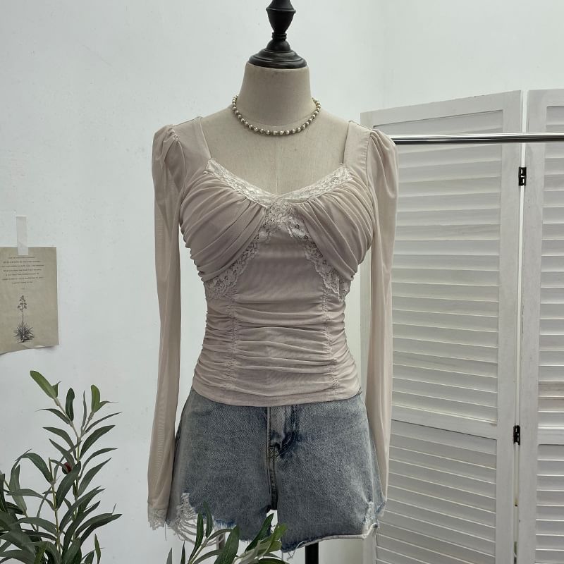 Ruched Mesh V-Neck Lace-Trim Crop Top