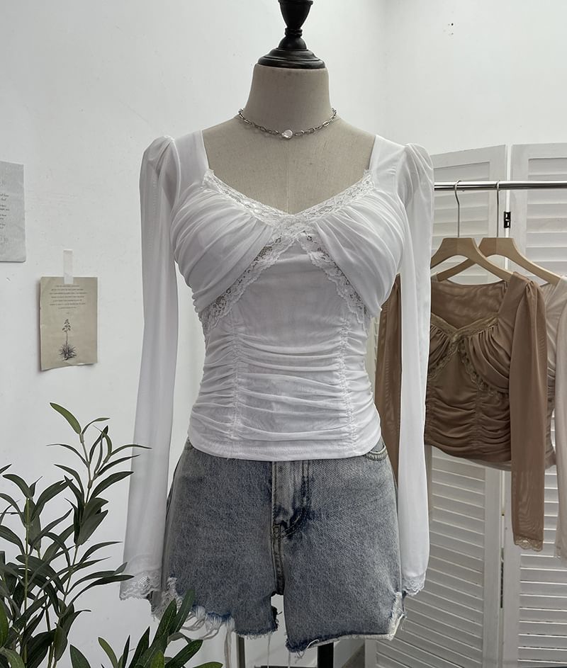 Ruched Mesh V-Neck Lace-Trim Crop Top