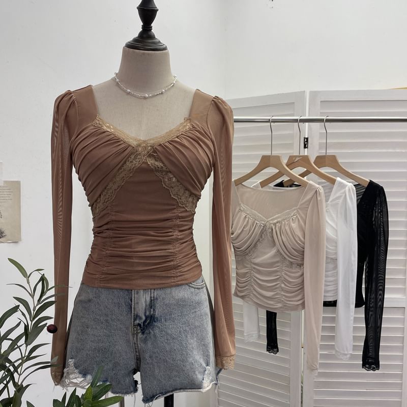 Ruched Mesh V-Neck Lace-Trim Crop Top