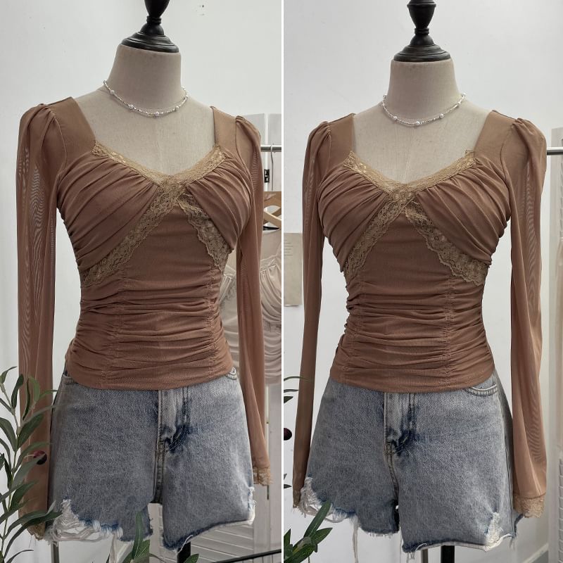 Ruched Mesh V-Neck Lace-Trim Crop Top