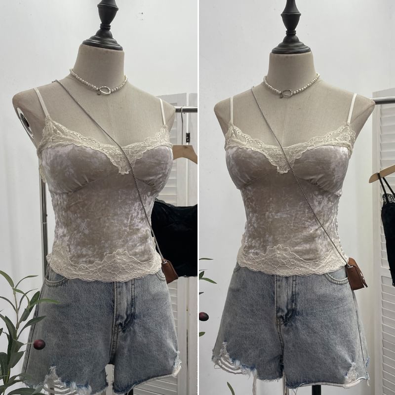 Velvet Lace-Trimmed Crop Cami