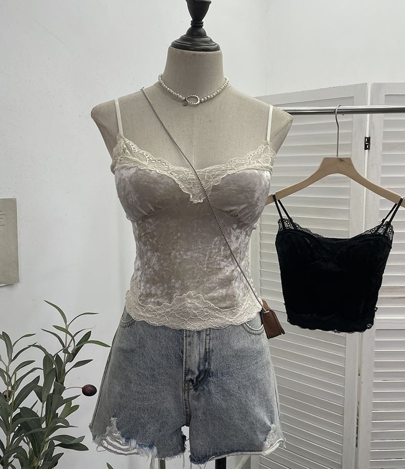 Velvet Lace-Trimmed Crop Cami