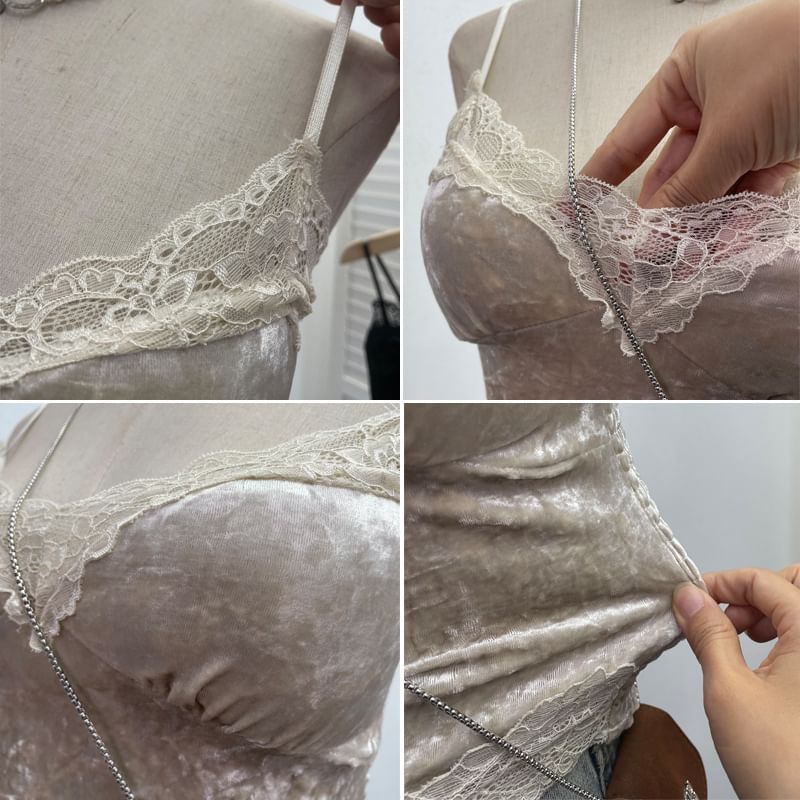 Velvet Lace-Trimmed Crop Cami
