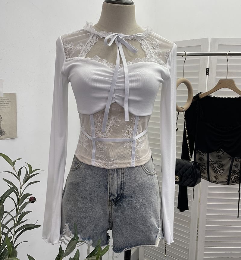 Tie-Neck Lace Panel Ruched Crop Top