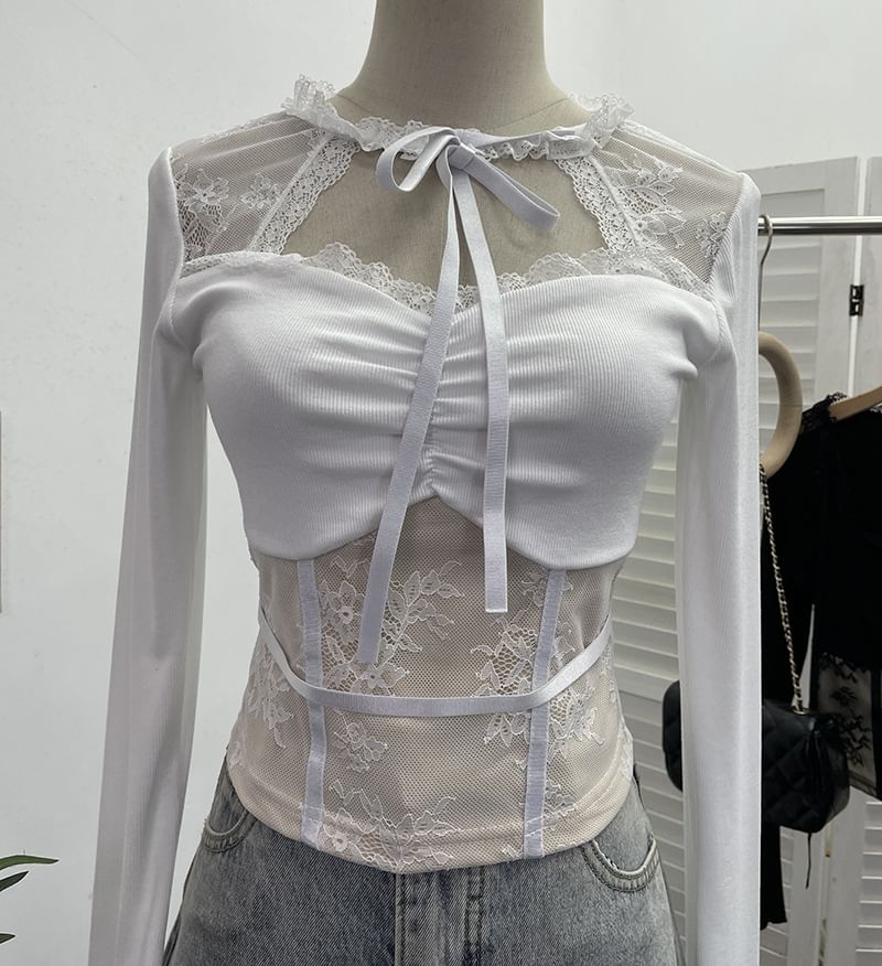 Tie-Neck Lace Panel Ruched Crop Top