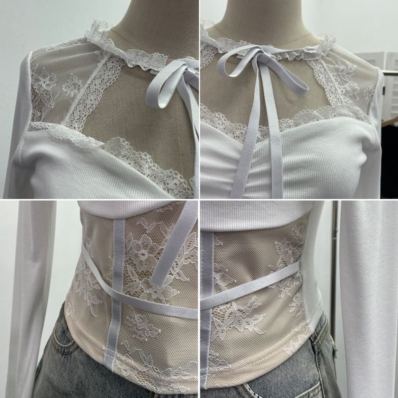 Tie-Neck Lace Panel Ruched Crop Top