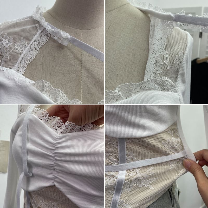 Tie-Neck Lace Panel Ruched Crop Top