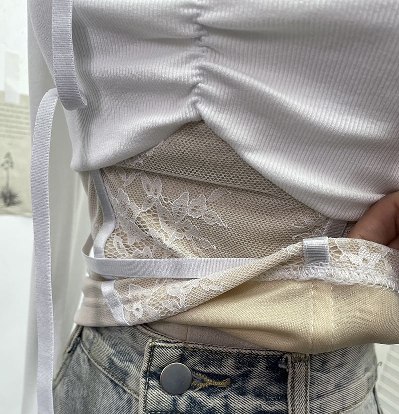 Tie-Neck Lace Panel Ruched Crop Top