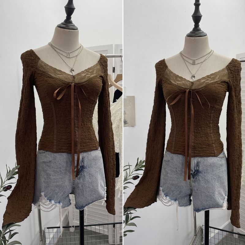 Tie Front V-Neck Lace Panel Crop Top