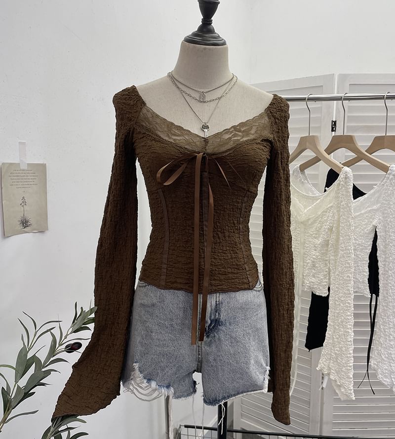 Tie Front V-Neck Lace Panel Crop Top