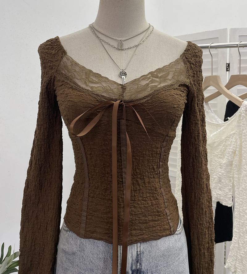 Tie Front V-Neck Lace Panel Crop Top
