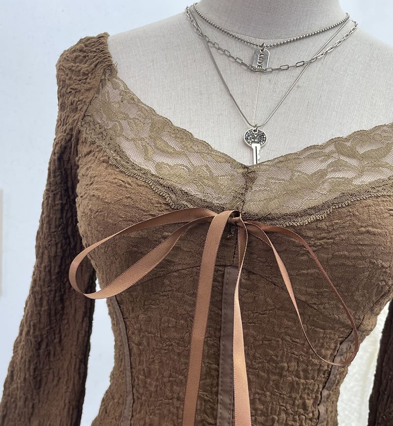 Tie Front V-Neck Lace Panel Crop Top