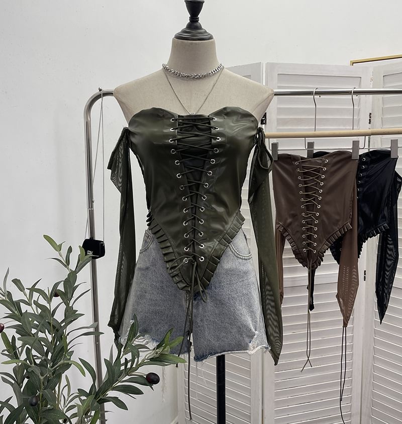 Faux Leather Lace-Up Crop Long-Sleeve Top