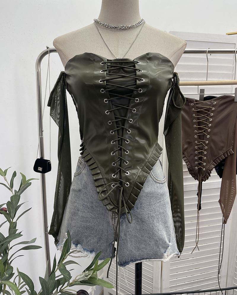 Faux Leather Lace-Up Crop Long-Sleeve Top