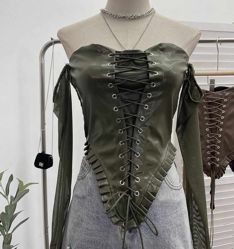 Faux Leather Lace-Up Crop Long-Sleeve Top