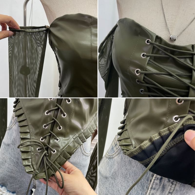 Faux Leather Lace-Up Crop Long-Sleeve Top
