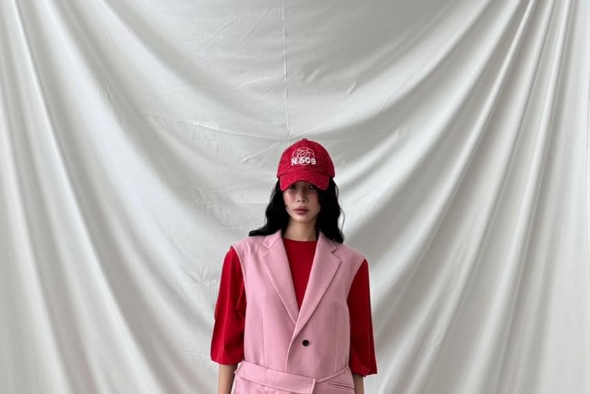 Set Of 3: Woolen Crop Jacket + Vest + Belt Bag